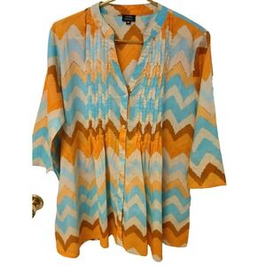 Terre Rouge Women's button front 3/4 sleeve Chevron Aztec Western BoHo Flowy Med